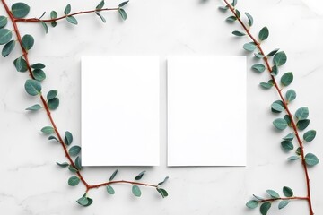 Eucalyptus Frame with Blank Cards Mockup White Background Stationery Design