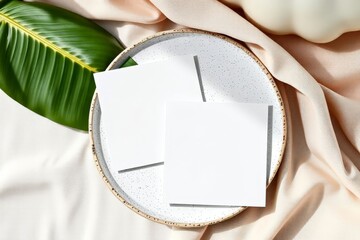 Blank Cards with Tropical Leaves on Ceramic Plate Mockup Flat Lay