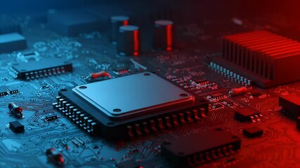 Red light on the dark motherboard - Powered by Adobe