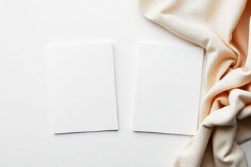 Blank Cards Mockup Flat Lay Beige Fabric Background Minimalist Design