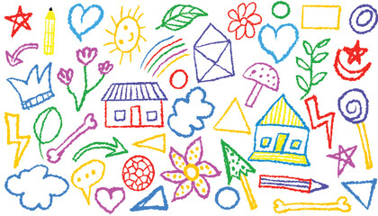 Cute doodle sea summer beach crayon background. Hand drawn school sketch, flower, house, rainbow, sun, cat, color cloud, wave, palm, beach umbrella. Vector summer kid color pencil drawing illustration