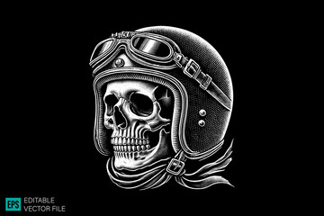 skull head with helmet scary creepy style tattoo dark art illustration vector black and white background templates