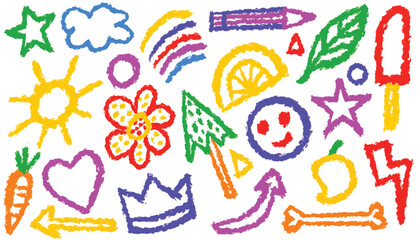 Cute doodle sea summer beach crayon background. Hand drawn school sketch, flower, house, rainbow, sun, cat, color cloud, wave, palm, beach umbrella. Vector summer kid color pencil drawing illustration