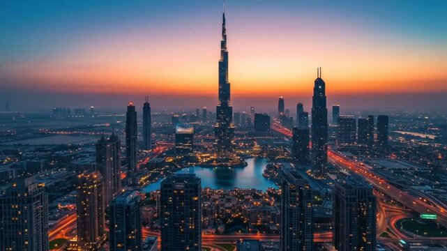 Panorama of a modern cityscape at dawn or dusk highrise buildings and urban roads