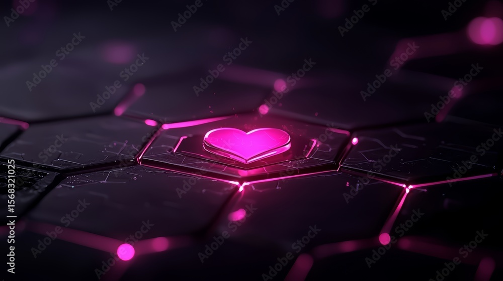 Poster heart is lit up on a black background. the heart is surrounded by a hexagonal pattern
