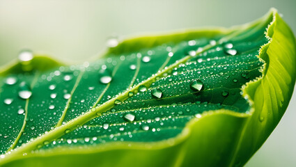 Macro shot of vibrant green leaf with crystal-clear dew droplets, capturing the freshness and delicate beauty of nature up close