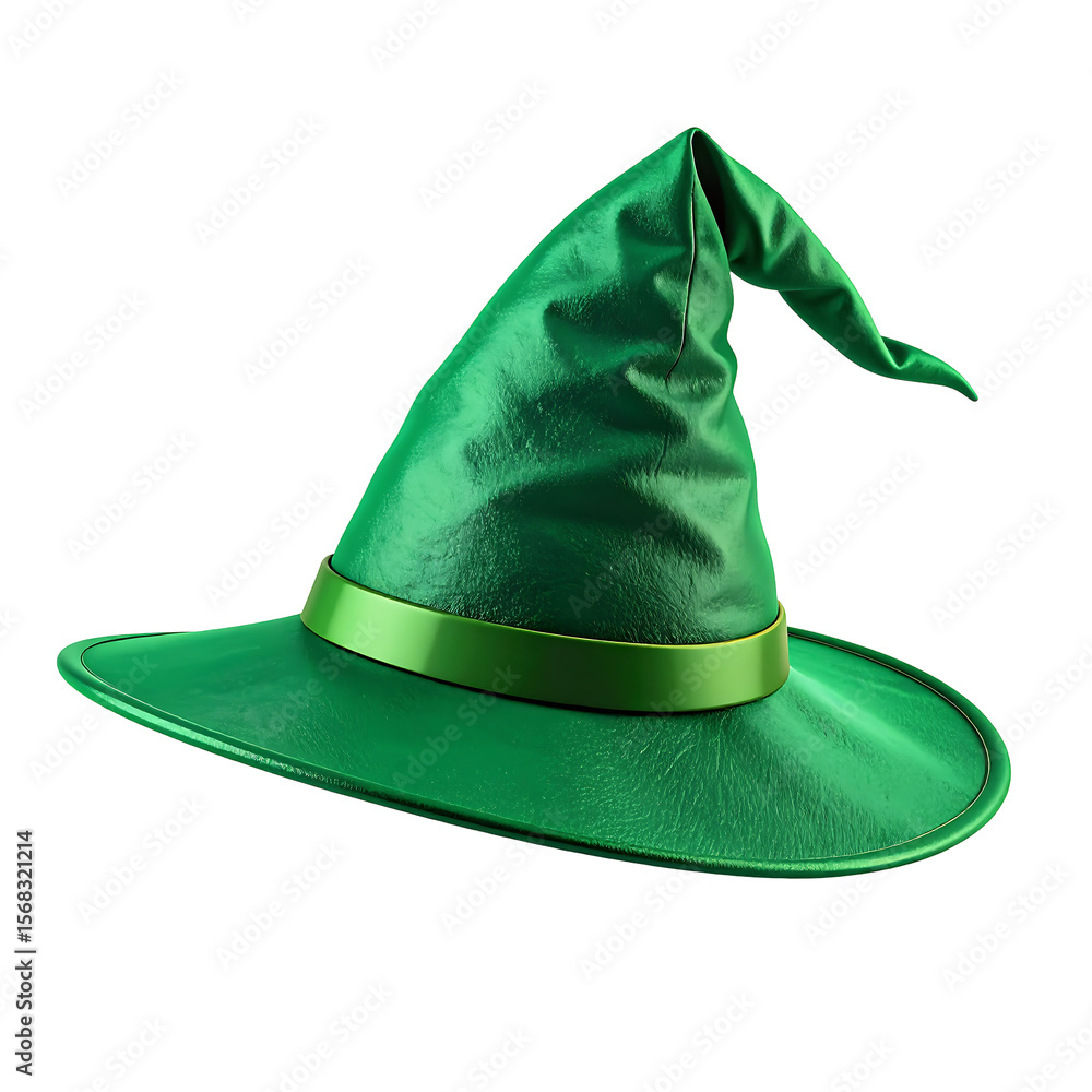 Poster sparkling green wizard hat with folded top floating on transparent background for halloween