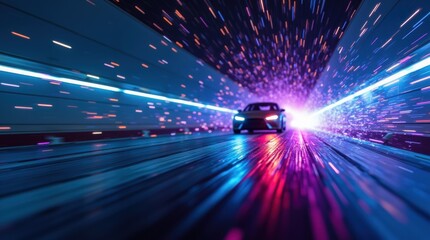 A futuristic vehicle speeds through a neon city tunnel, leaving vibrant blue and purple spark trails.
