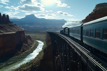 A long-distance train speeding along a high bridge overlooking a vast canyon, with sunlight reflecting off the glass windows of the train. The camera angle is from below the bridge.