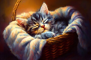 A kitten curled up in a basket of soft blankets, eyes half-closed, with sunlight softly highlighting its fur while the interior room fades into a calm blur behind it.