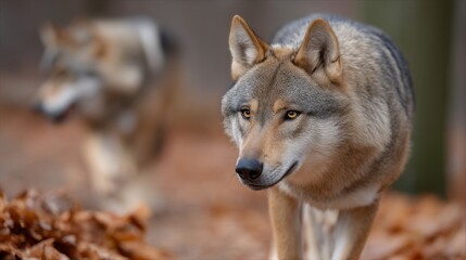 Fototapeta premium A wolf is walking through the woods, looking at the camera