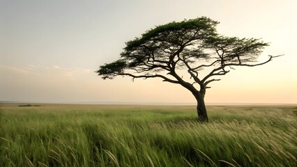 Obraz premium Serene African Savanna: Lone Acacia Tree at Sunset, Golden Hour Light, Tranquil Landscape Photography