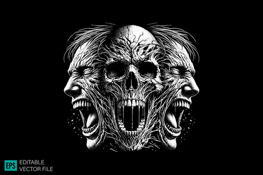 screaming ghost face scary creepy style tattoo dark art illustration vector black and white background templates - Powered by Adobe