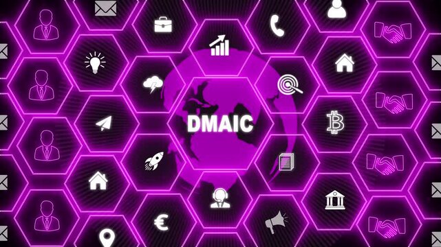 DMAIC, Six Sigma. Define, Measure, Analyse, Improve, Control. Standard quality control and lean manufacturing concept. glowing connections in different places on the map