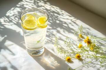A glass of lemonade fresh and chilled with light casting reflections on the surface