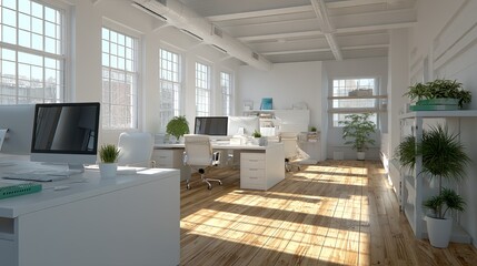 Fototapeta premium Bright, minimalist office space with sunlight streaming through large windows. White walls, furniture, and floors. Plants and computers are visible
