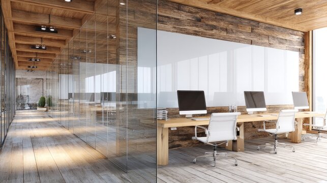 Modern, light-filled office space with wooden accents and glass partitions - Powered by Adobe