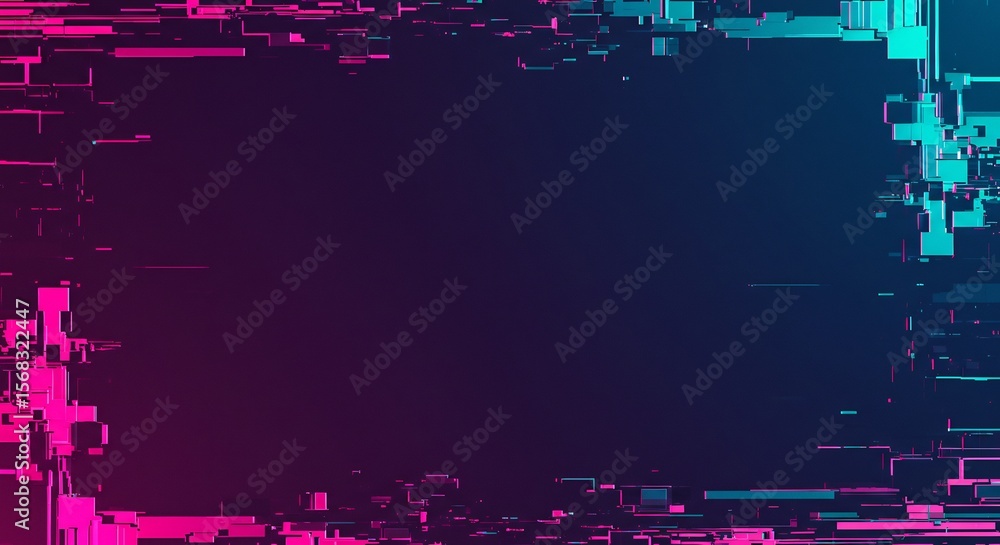Poster abstract futuristic background with a digital glitch frame. vibrant neon magenta and cyan on a dark 