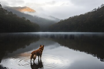 A dog standing on the edge of a lake, watching the ripples on the water, its fur gently highlighted by the soft light, with the surrounding landscape softly blurred. 