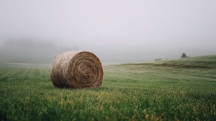 Solitary hay bale resting in a misty field, symbolizing rural serenity and agricultural abundance. Nature's peace.