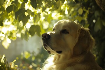 A dog resting in the shade of a tree its fur highlighted by dappled sunlight with the surrounding nature gently blurred