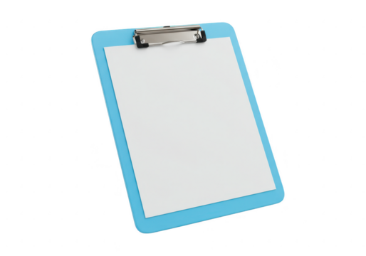 A blue clipboard with blank white paper isolated on transparent background - Powered by Adobe
