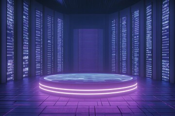 A digital podium made entirely of pixels floating in a virtual grid like space Bright neon colors and a futuristic backdrop