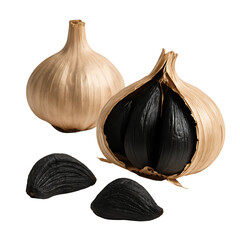 Whole and Peeled Black Garlic Bulbs - Transparent Background
