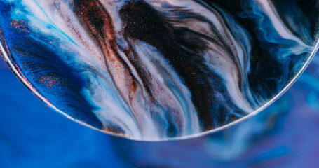 Spreading ink. Glitter color particles. Defocused white blue purple sparkling neon bubble bronze...
