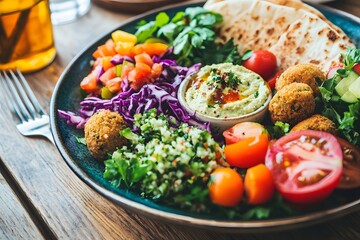 A colorful Mediterranean platter featuring falafel hummus tabbouleh pita bread and fresh vegetables presented on a 