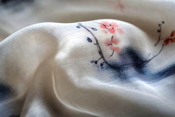 A close up of a Vietnamese silk fabric with hand painted designs showcasing the delicate artistry and smooth texture 