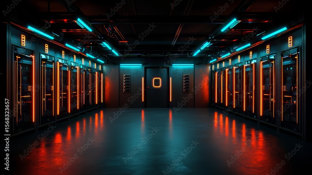 Poster large, empty room with neon lights illuminating the space. in the center of the room, there is a lar