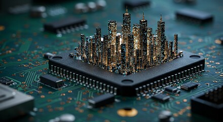 Illuminated Cityscape Within Microchip Circuit Board