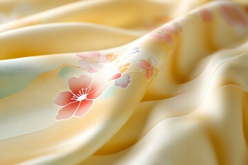 A close up of a Japanese furoshiki cloth with a delicate floral design featuring vibrant colors and smooth texture