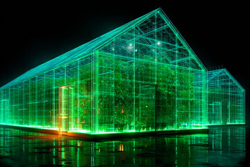 Greenhouse glowing in neon green