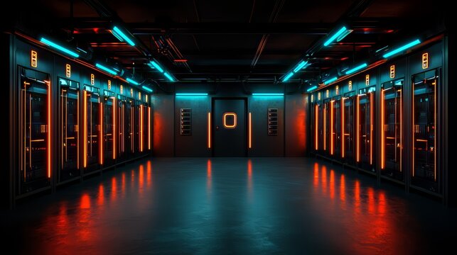 Large, empty room with neon lights illuminating the space. In the center of the room, there is a large square sign that reads "Welcome." The room is filled with rows of computer servers