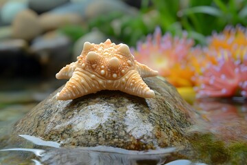 A baby starfish resting on a smooth rock in a tidal pool, surrounded by colorful sea anemones and softly rippling water.