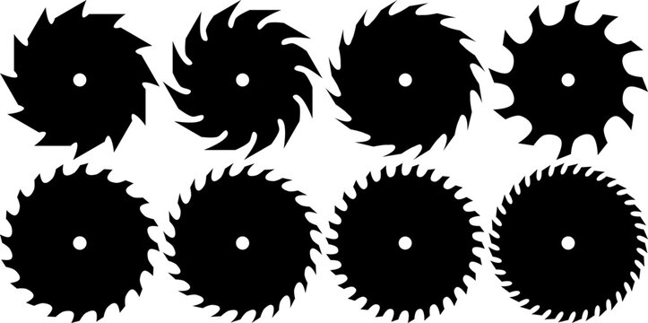 Icon sheet of various buzz saw blades. Silhouettes of circular saw blades with varying number of teeth isolated on a white background. Vector illustration. 