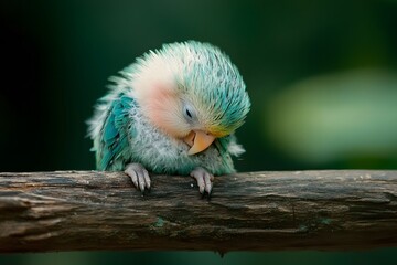 A baby parrot perched on a rustic wooden perch preening its tiny feathers with a vibrant rainforest in the background