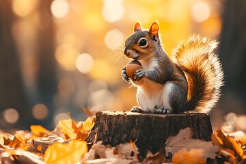 A baby squirrel clutching an acorn while sitting on a tree stump, surrounded by scattered autumn leaves under warm sunlight.