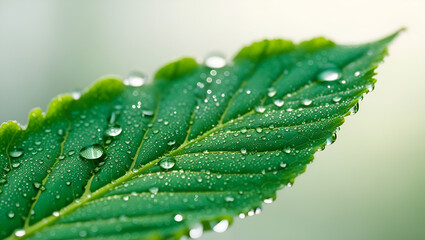 Close-up of dew-covered green leaf, highlighting natural textures and moisture in a vivid and refreshing nature macro scene