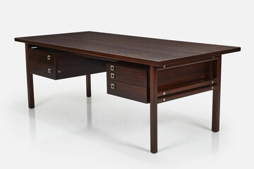 Vintage wooden desk with drawers on white background.