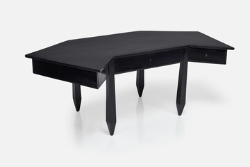 Modern black geometric desk with angular design.