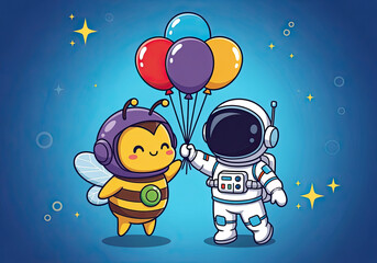 Naklejka premium An adorable astronaut offers a cheerful bee character a vibrant collection of party balloons set against a starry sky.
