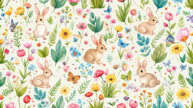 Watercolor Spring Bunny Pattern - A charming seamless pattern featuring adorable watercolor bunnies nestled amongst a vibrant array of spring flowers, butterflies, and lush green foliage.