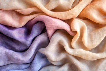 Crumpled linen fabric in soft pastel shades of pink and lavender with delicate creases and natural folds
