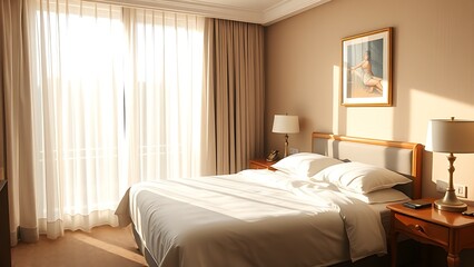 Sunlit hotel bedroom with made bed and morning light through curtains.