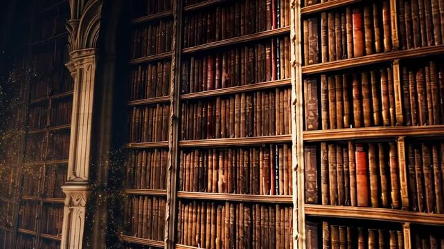 Mysterious ancient library with dramatic golden light filtering through dust and tall bookshelves filled with old books - cool tones and magical feel - mystery and fantasy