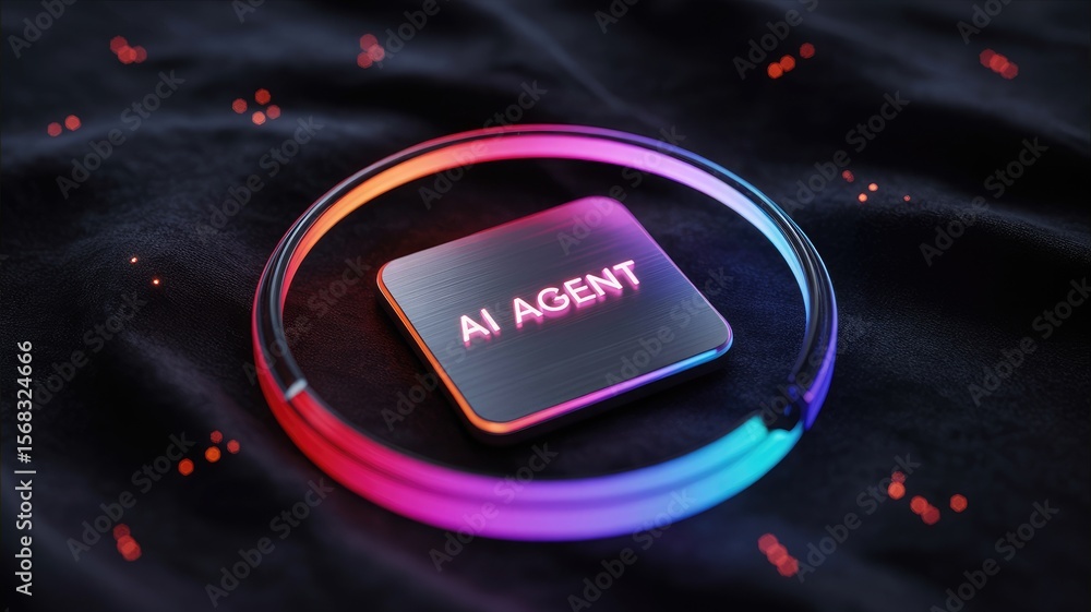 Poster luminous ai agent chip on dark fabric surface with ring light effect