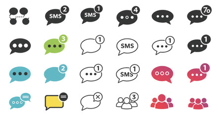 Set of Chat Message Bubbles Vector Icon. Communication icons. Talk bubble, dialog. Web icon set. Online communication. Conversation, SMS, Notification, Group Chat. Chatting icons in different styles